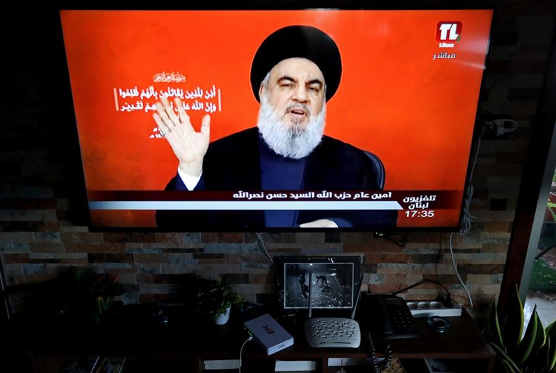 Picha iliyopigwa Septemba 19, 2024 ikimuonyesha kiongozi wa Hezbollah Hassan Nasrallah katika hotuba ya televisheni mjini Beirut, Lebanon. (Xinhua/Bilal Jawich)